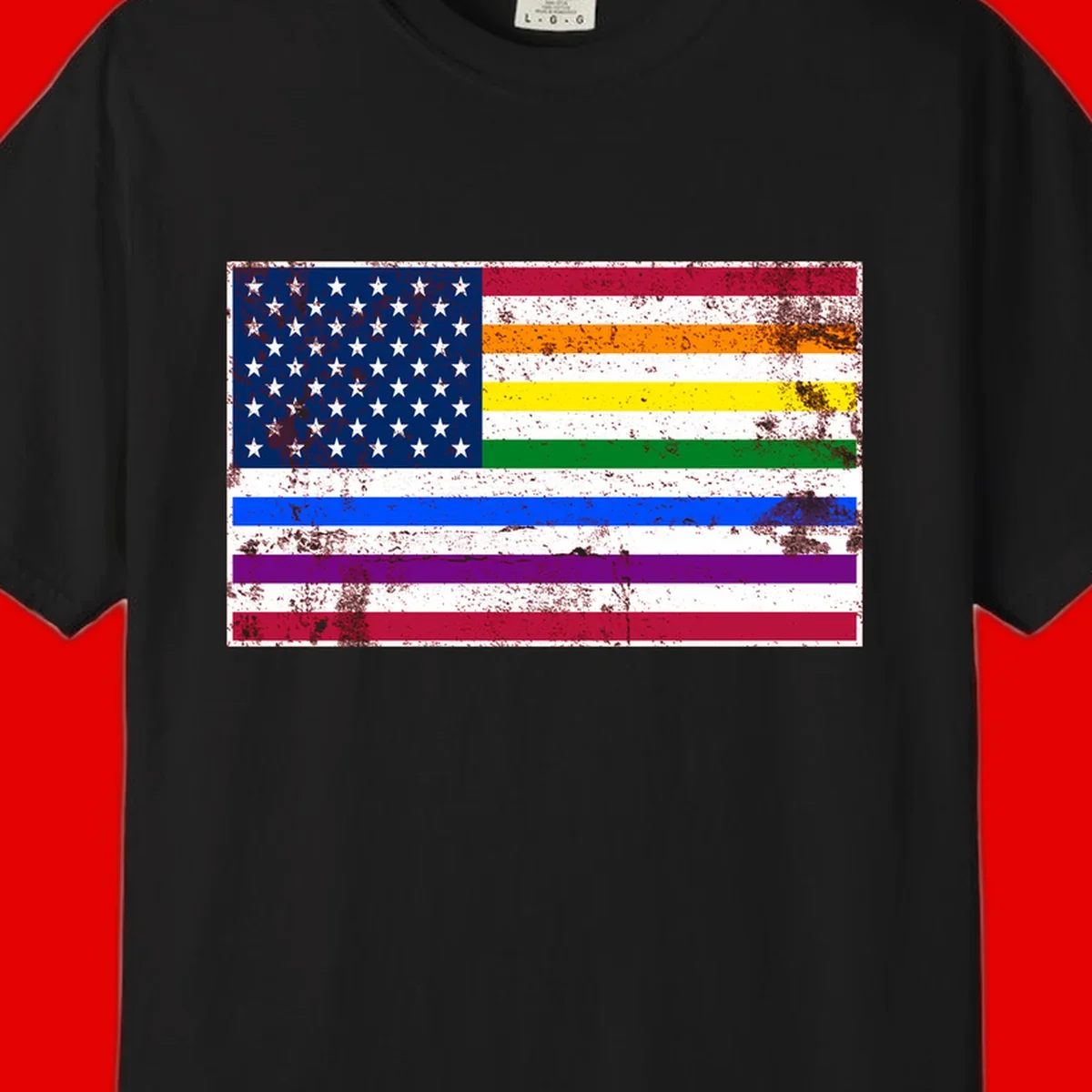 Distressed progress pride American flag design featuring traditional stars and stripes combined with rainbow pride colors representing LGBTQ+ inclusion and patriotism