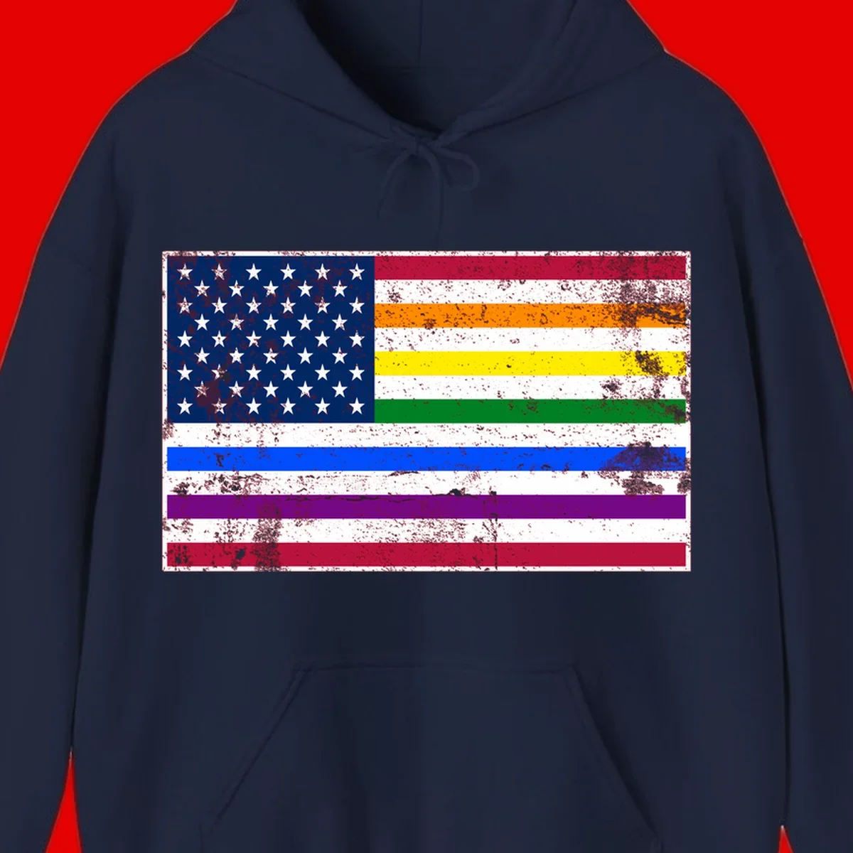 Distressed progress pride American flag design featuring traditional stars and stripes combined with rainbow pride colors representing LGBTQ+ inclusion and patriotism