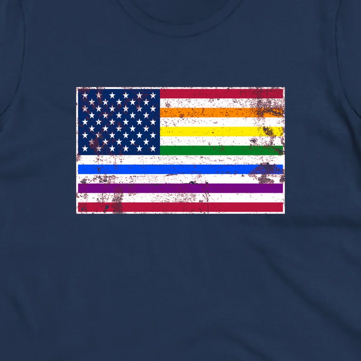 Distressed progress pride American flag design featuring traditional stars and stripes combined with rainbow pride colors representing LGBTQ+ inclusion and patriotism