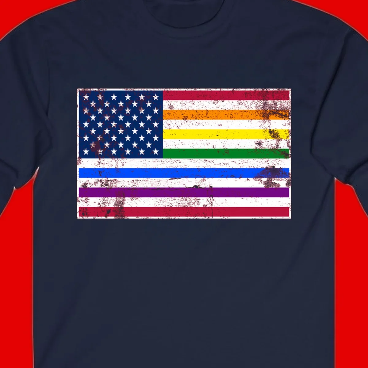 Distressed progress pride American flag design featuring traditional stars and stripes combined with rainbow pride colors representing LGBTQ+ inclusion and patriotism
