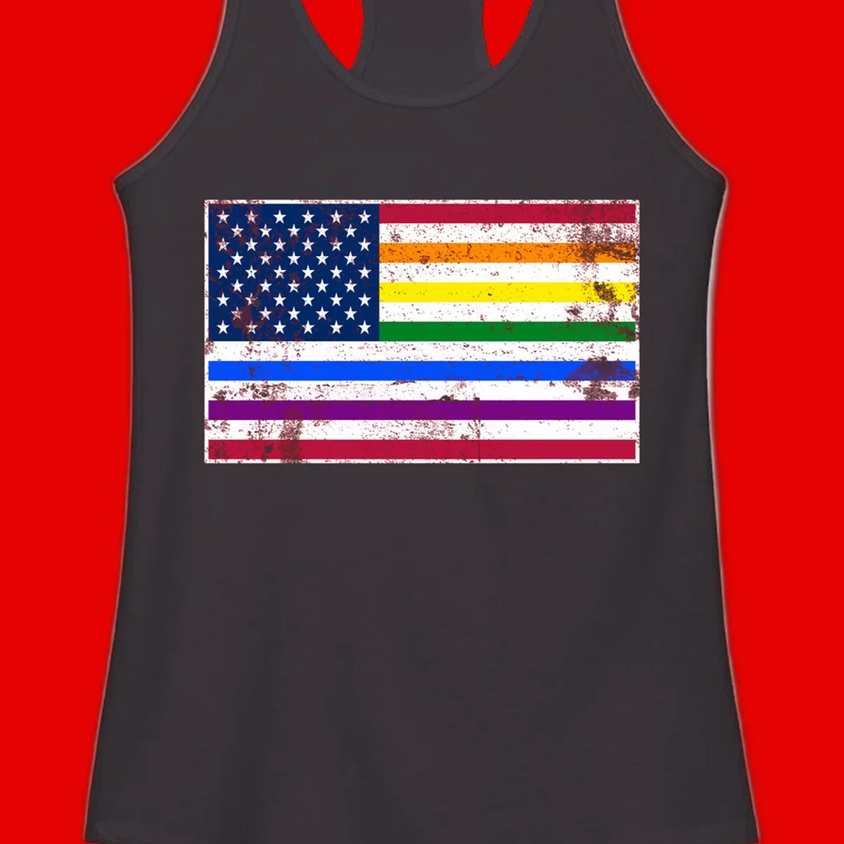 Distressed progress pride American flag design featuring traditional stars and stripes combined with rainbow pride colors representing LGBTQ+ inclusion and patriotism