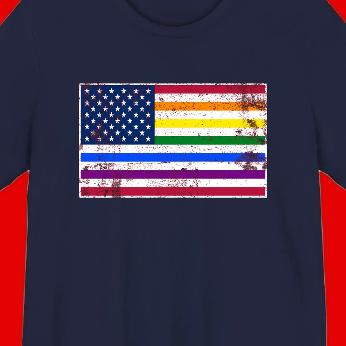 Distressed progress pride American flag design featuring traditional stars and stripes combined with rainbow pride colors representing LGBTQ+ inclusion and patriotism