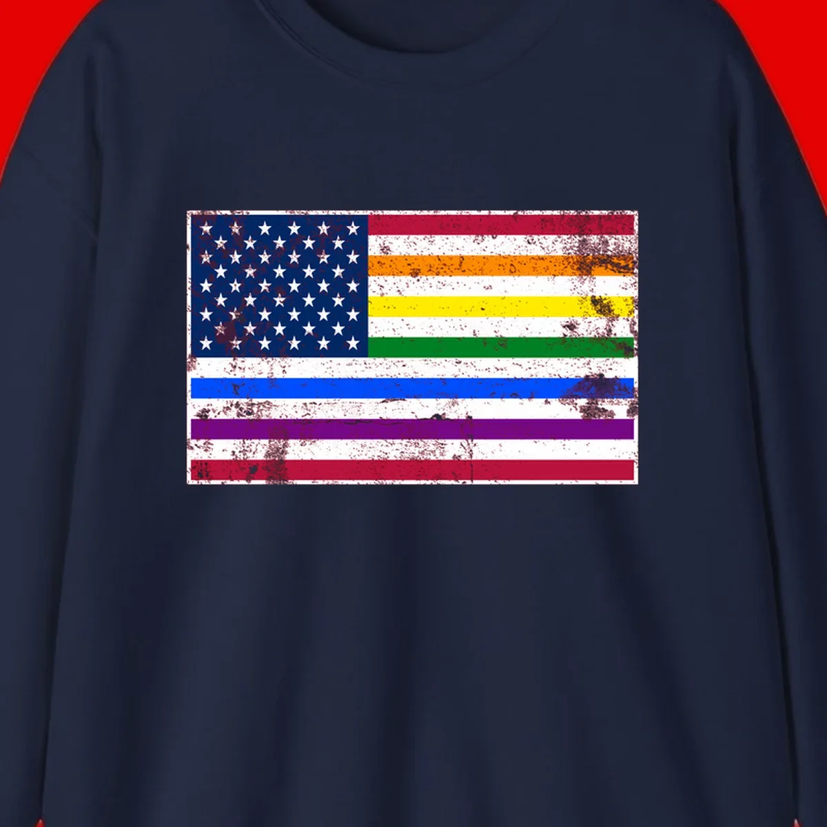 Distressed progress pride American flag design featuring traditional stars and stripes combined with rainbow pride colors representing LGBTQ+ inclusion and patriotism