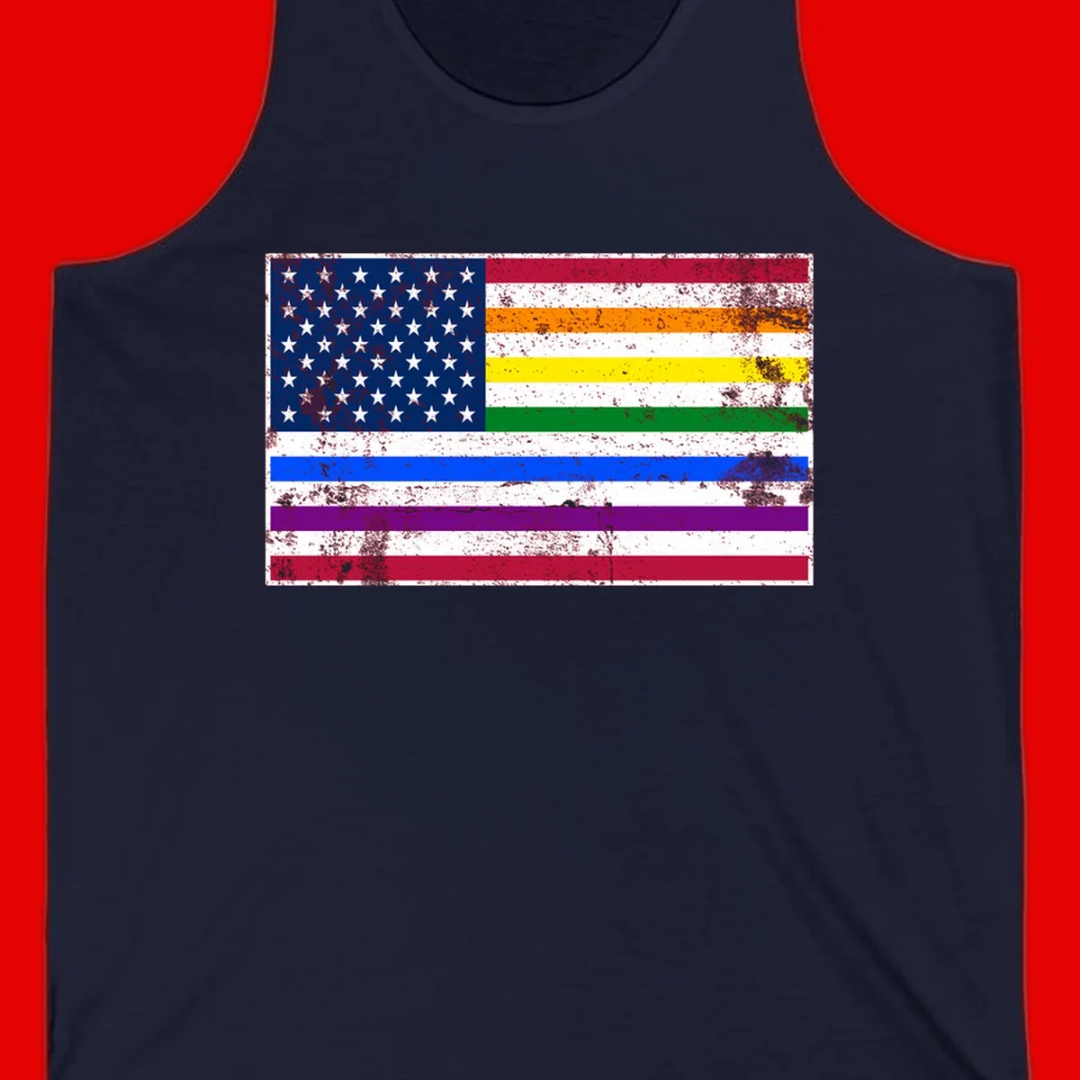Distressed progress pride American flag design featuring traditional stars and stripes combined with rainbow pride colors representing LGBTQ+ inclusion and patriotism