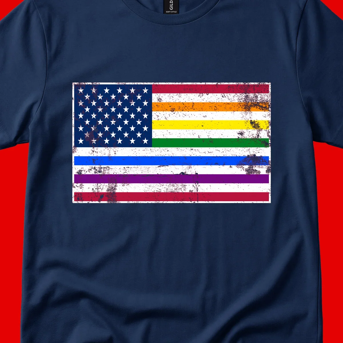 Distressed progress pride American flag design featuring traditional stars and stripes combined with rainbow pride colors representing LGBTQ+ inclusion and patriotism