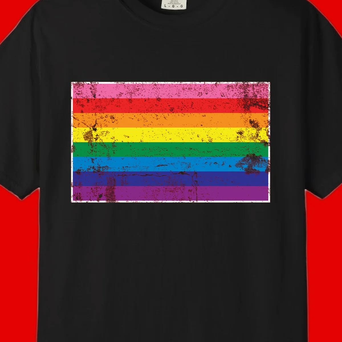 Distressed rainbow pride flag with horizontal stripes in pink, red, orange, yellow, green, blue, purple, and magenta featuring grunge texture overlay.