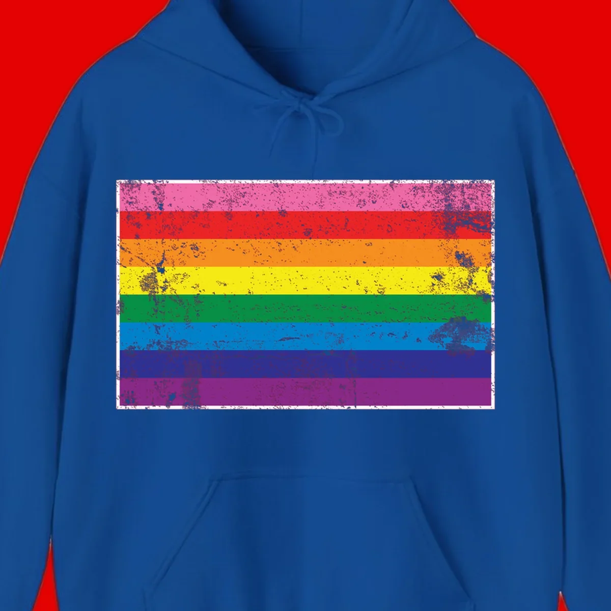 Distressed rainbow pride flag with horizontal stripes in pink, red, orange, yellow, green, blue, purple, and magenta featuring grunge texture overlay.