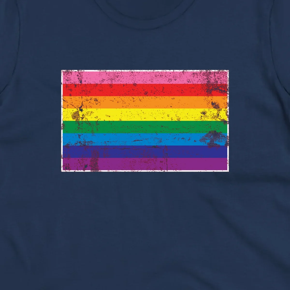 Distressed rainbow pride flag with horizontal stripes in pink, red, orange, yellow, green, blue, purple, and magenta featuring grunge texture overlay.