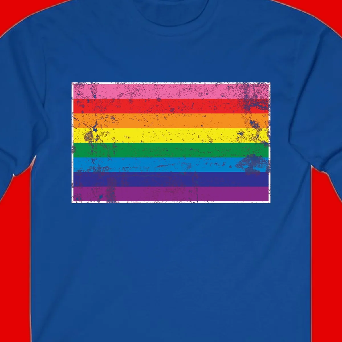 Distressed rainbow pride flag with horizontal stripes in pink, red, orange, yellow, green, blue, purple, and magenta featuring grunge texture overlay.