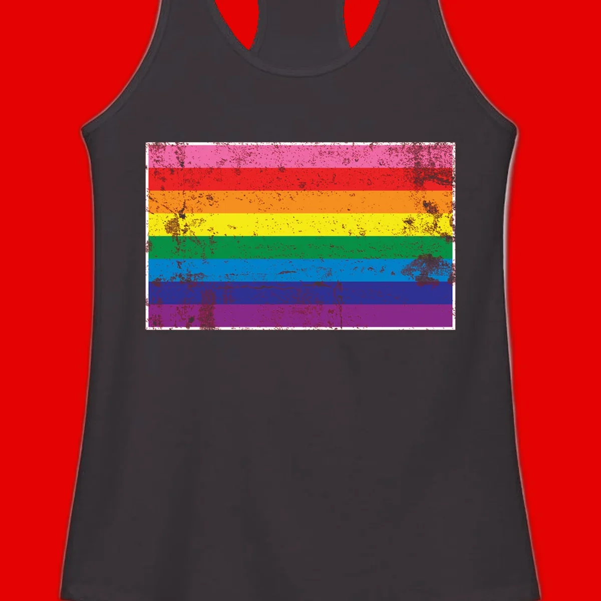 Distressed rainbow pride flag with horizontal stripes in pink, red, orange, yellow, green, blue, purple, and magenta featuring grunge texture overlay.