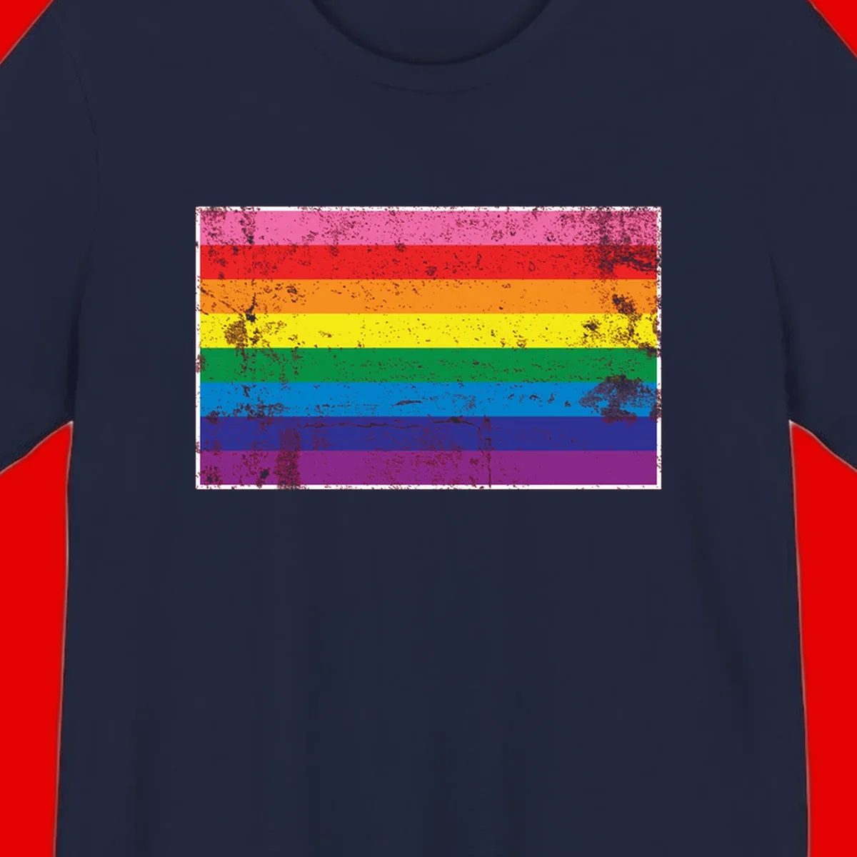 Distressed rainbow pride flag with horizontal stripes in pink, red, orange, yellow, green, blue, purple, and magenta featuring grunge texture overlay.