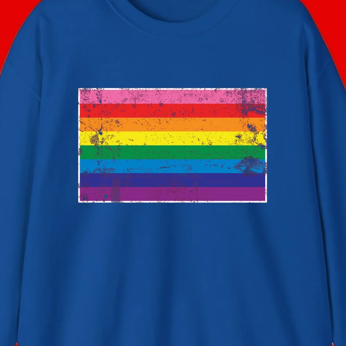 Distressed rainbow pride flag with horizontal stripes in pink, red, orange, yellow, green, blue, purple, and magenta featuring grunge texture overlay.
