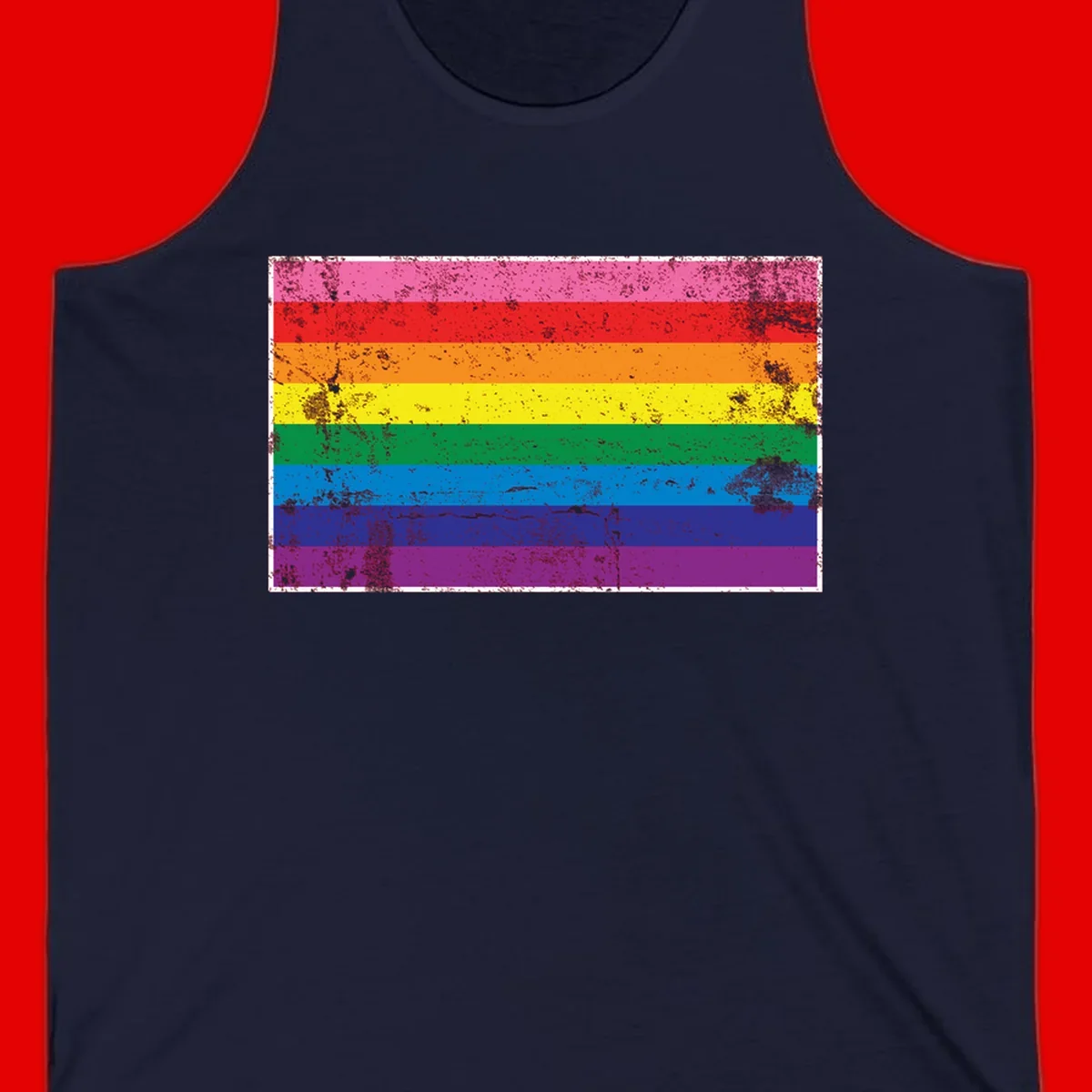 Distressed rainbow pride flag with horizontal stripes in pink, red, orange, yellow, green, blue, purple, and magenta featuring grunge texture overlay.