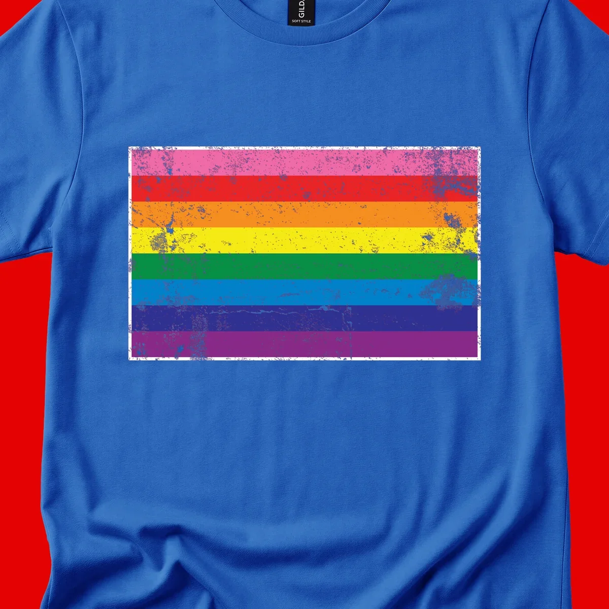 Distressed rainbow pride flag with horizontal stripes in pink, red, orange, yellow, green, blue, purple, and magenta featuring grunge texture overlay.