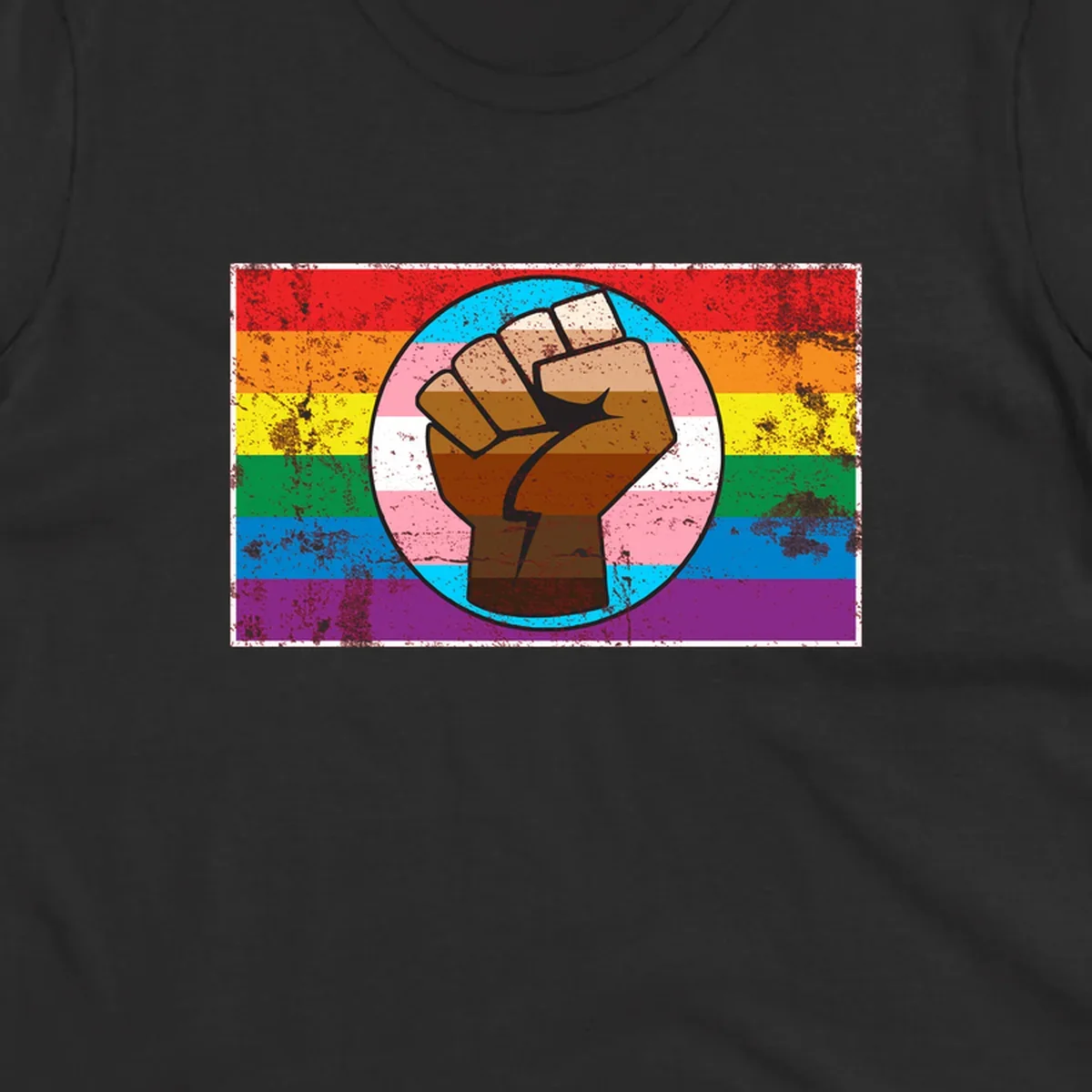 Raised brown fist in circular badge with rainbow pride flag and trans flag stripe background symbolizing LGBTQ+ solidarity