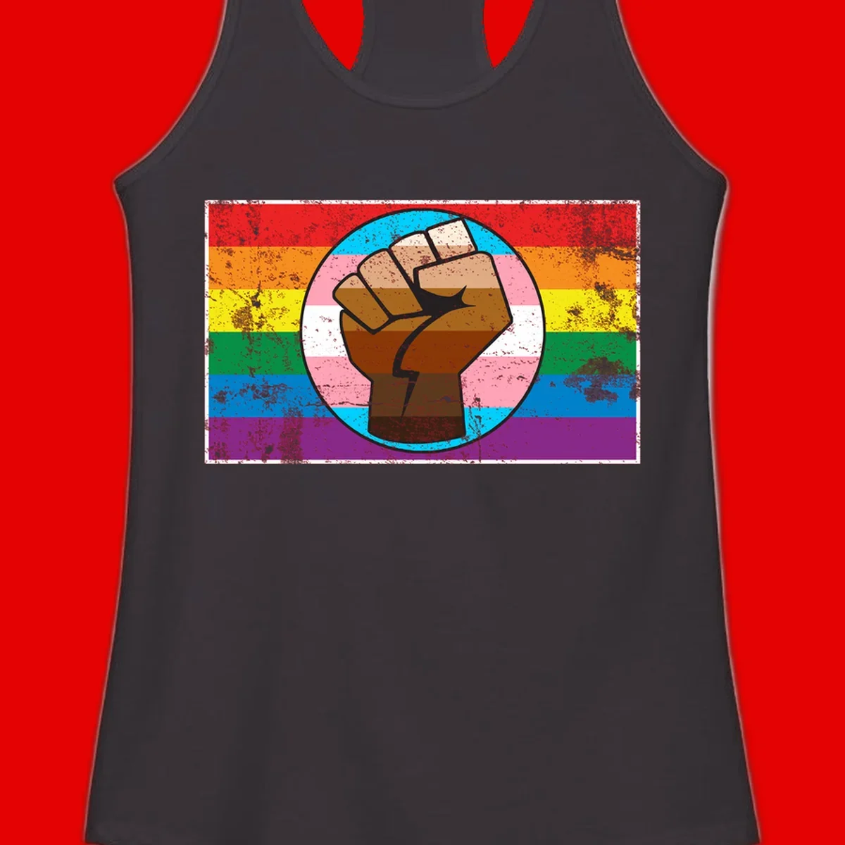 Raised brown fist in circular badge with rainbow pride flag and trans flag stripe background symbolizing LGBTQ+ solidarity