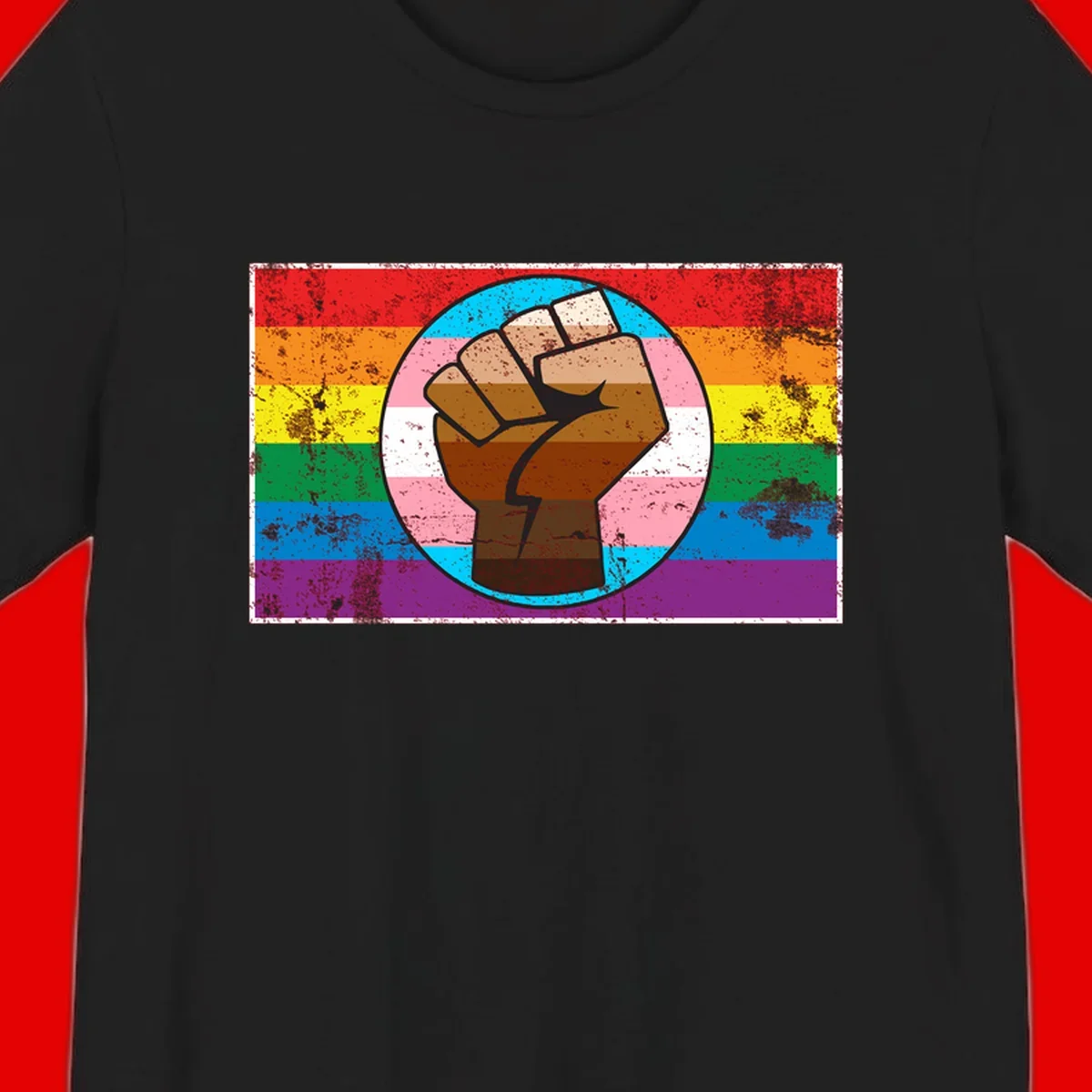 Raised brown fist in circular badge with rainbow pride flag and trans flag stripe background symbolizing LGBTQ+ solidarity