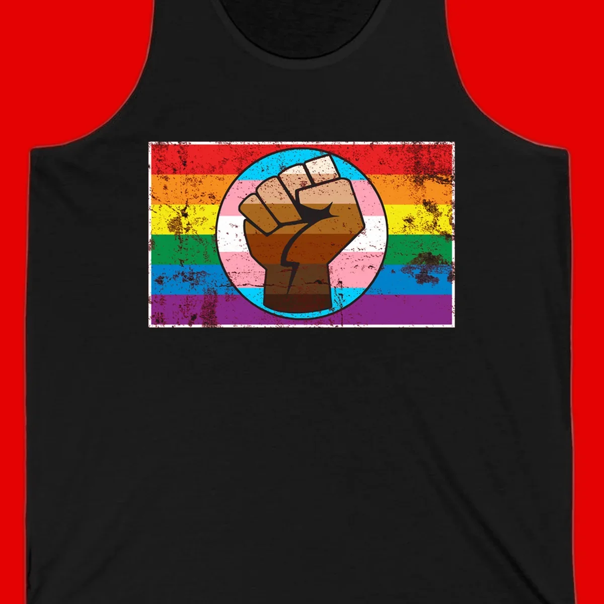 Raised brown fist in circular badge with rainbow pride flag and trans flag stripe background symbolizing LGBTQ+ solidarity