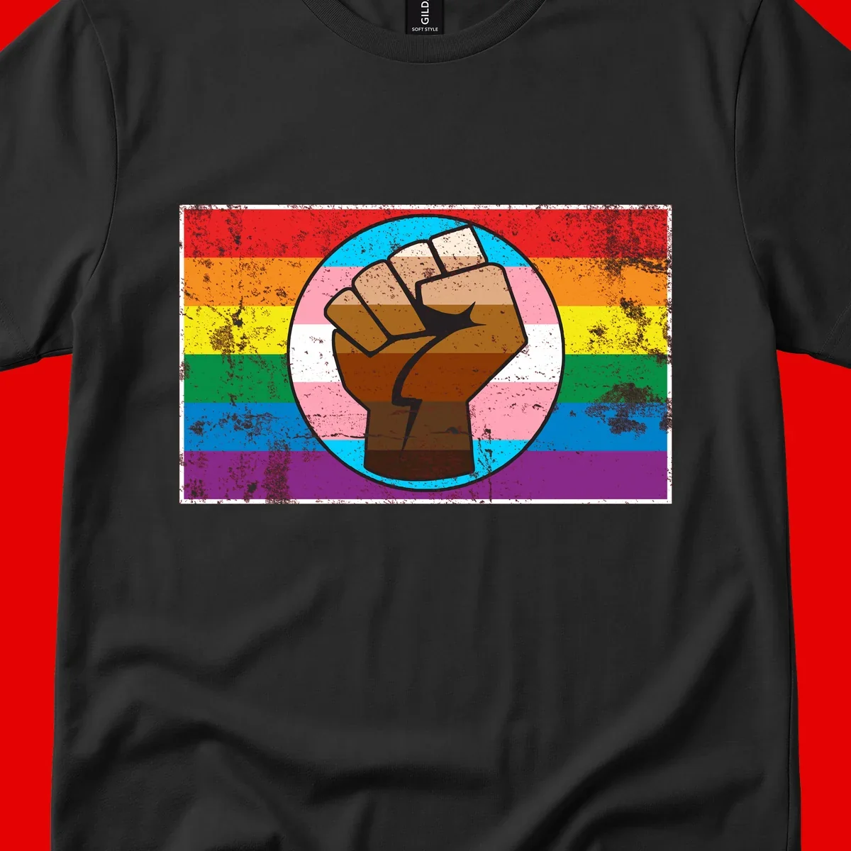 Raised brown fist in circular badge with rainbow pride flag and trans flag stripe background symbolizing LGBTQ+ solidarity