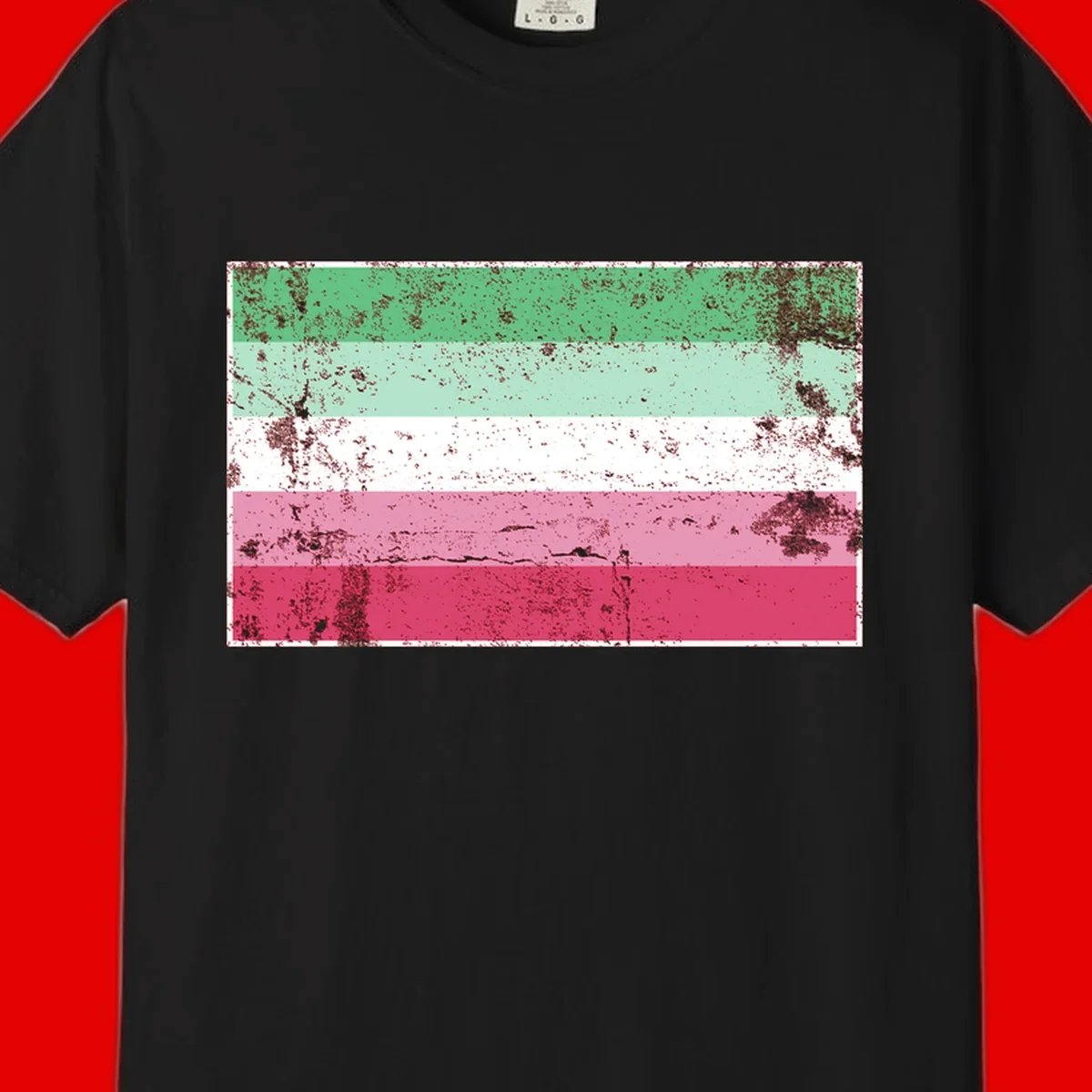 Distressed transgender pride flag with five horizontal stripes in green, mint, white, pink, and red featuring heavy grunge texture overlay