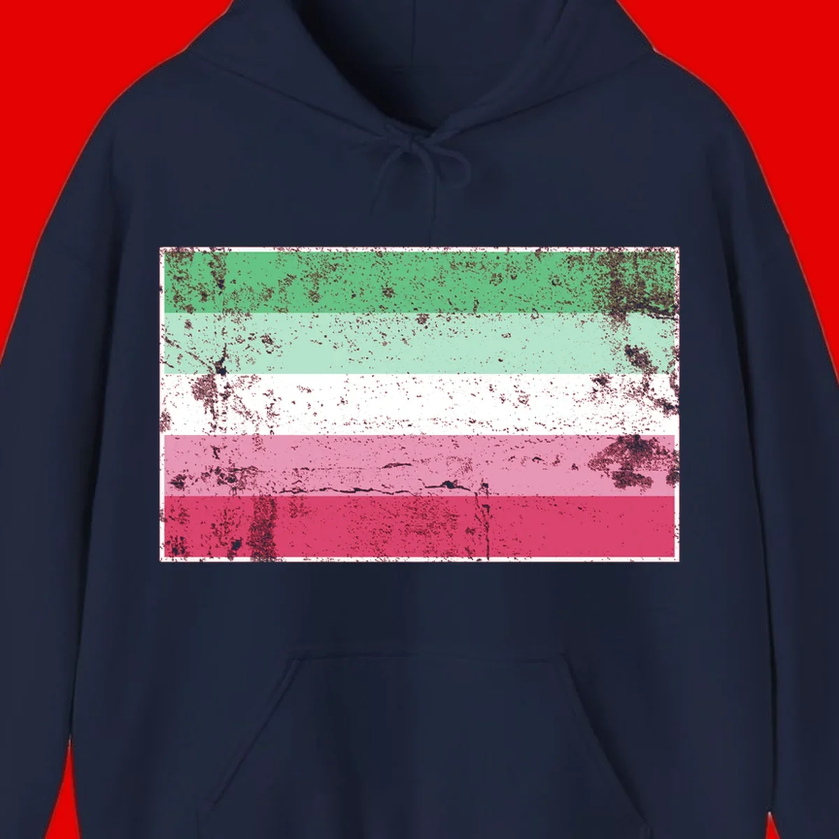 Distressed transgender pride flag with five horizontal stripes in green, mint, white, pink, and red featuring heavy grunge texture overlay