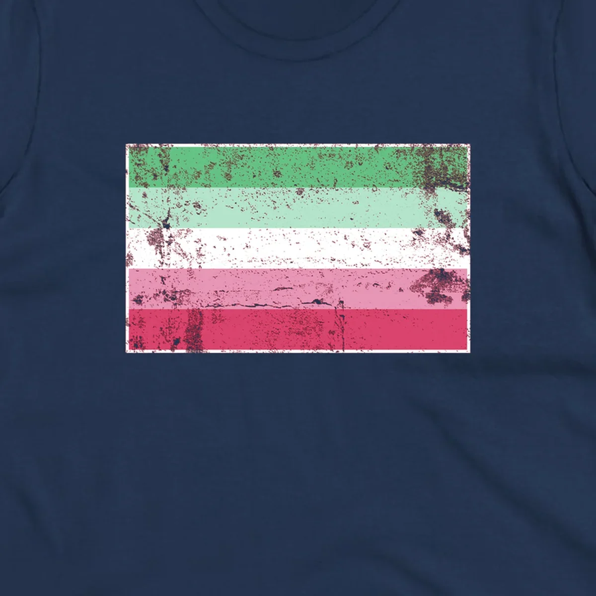 Distressed transgender pride flag with five horizontal stripes in green, mint, white, pink, and red featuring heavy grunge texture overlay