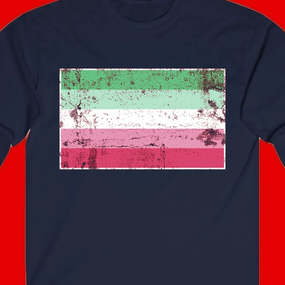 Distressed transgender pride flag with five horizontal stripes in green, mint, white, pink, and red featuring heavy grunge texture overlay