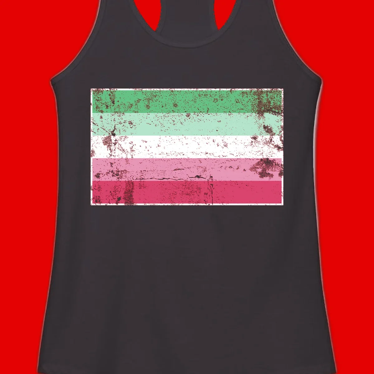 Distressed transgender pride flag with five horizontal stripes in green, mint, white, pink, and red featuring heavy grunge texture overlay