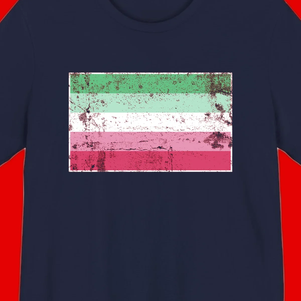 Distressed transgender pride flag with five horizontal stripes in green, mint, white, pink, and red featuring heavy grunge texture overlay
