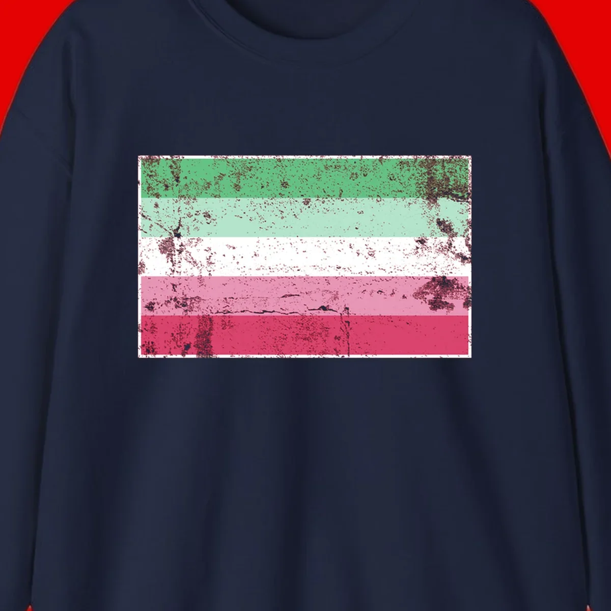 Distressed transgender pride flag with five horizontal stripes in green, mint, white, pink, and red featuring heavy grunge texture overlay