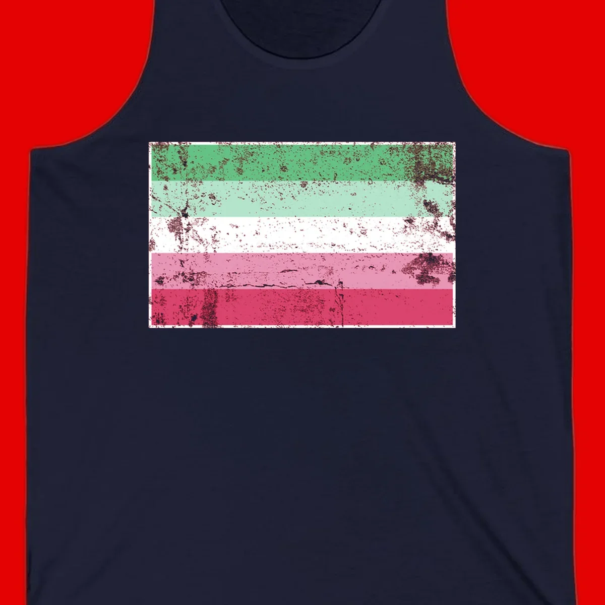 Distressed transgender pride flag with five horizontal stripes in green, mint, white, pink, and red featuring heavy grunge texture overlay