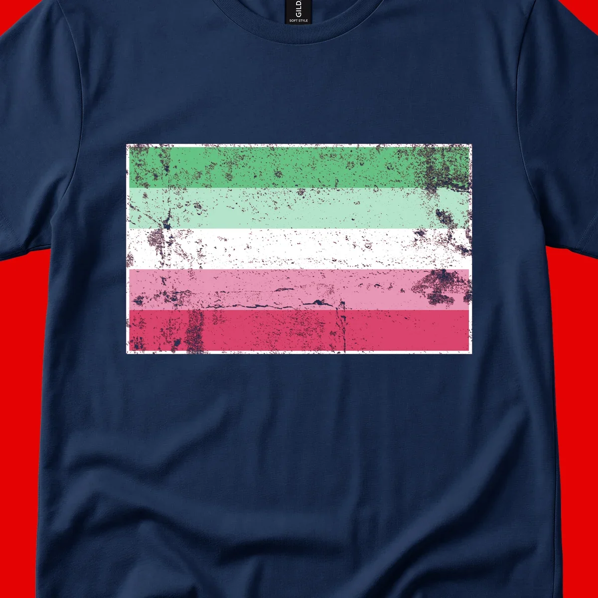 Distressed transgender pride flag with five horizontal stripes in green, mint, white, pink, and red featuring heavy grunge texture overlay