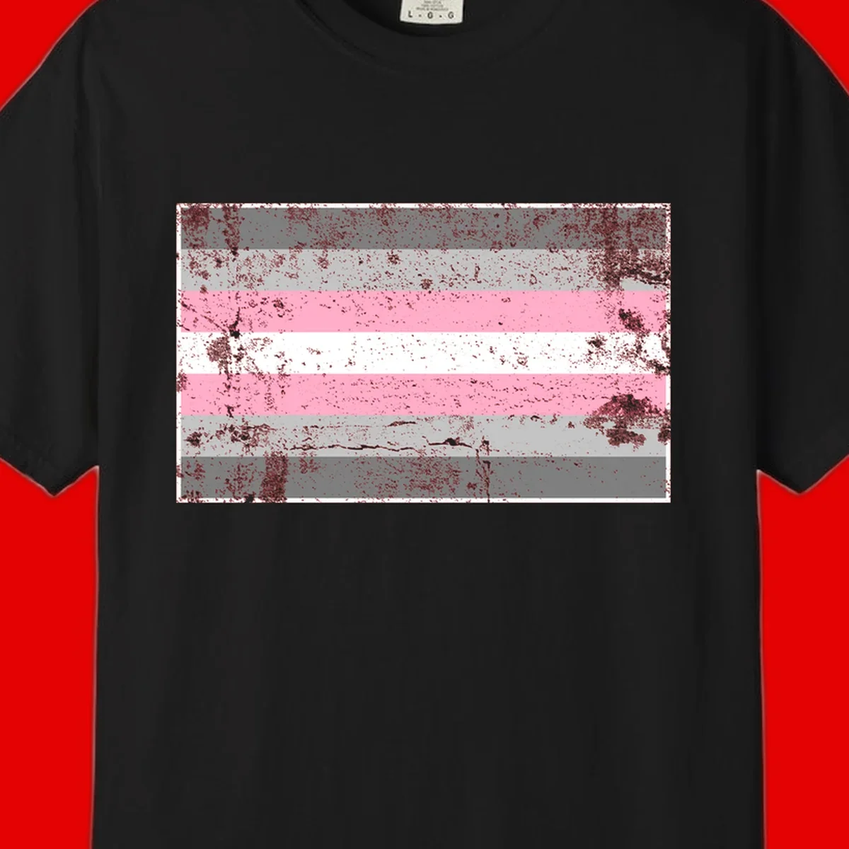 Distressed pride flag stripes design featuring pink, white, and gray horizontal bands with grunge texture overlay
