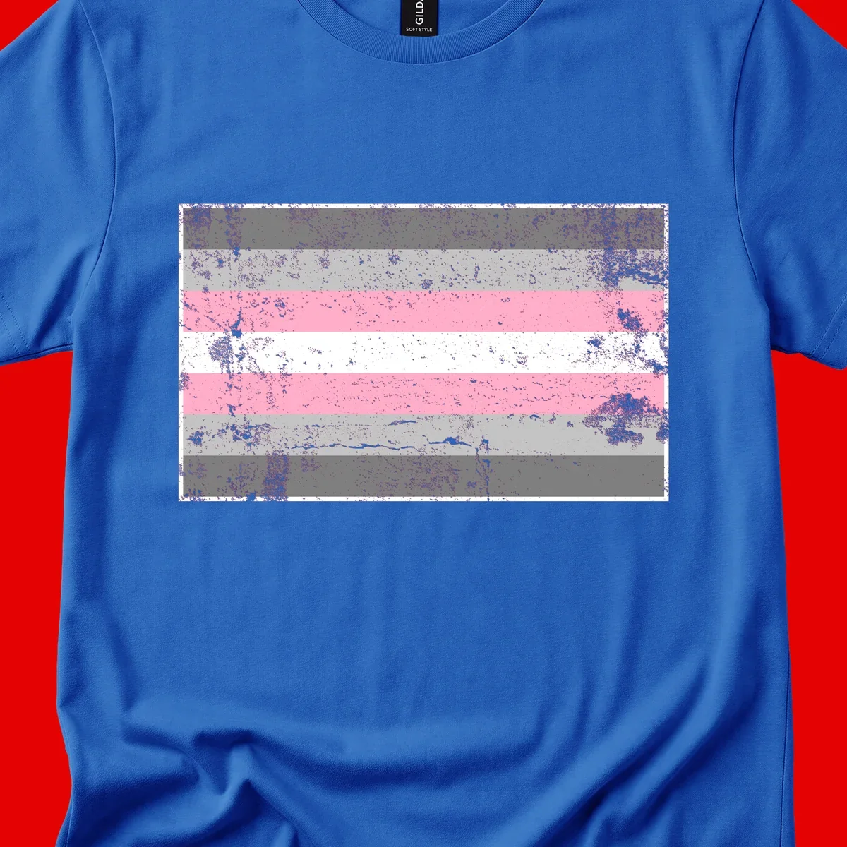 Distressed pride flag stripes design featuring pink, white, and gray horizontal bands with grunge texture overlay