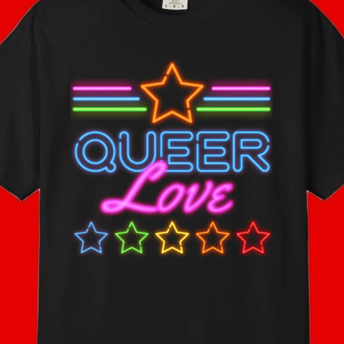 Neon queer love pride design with blue outlined text, magenta cursive script, orange and rainbow stars on gray background