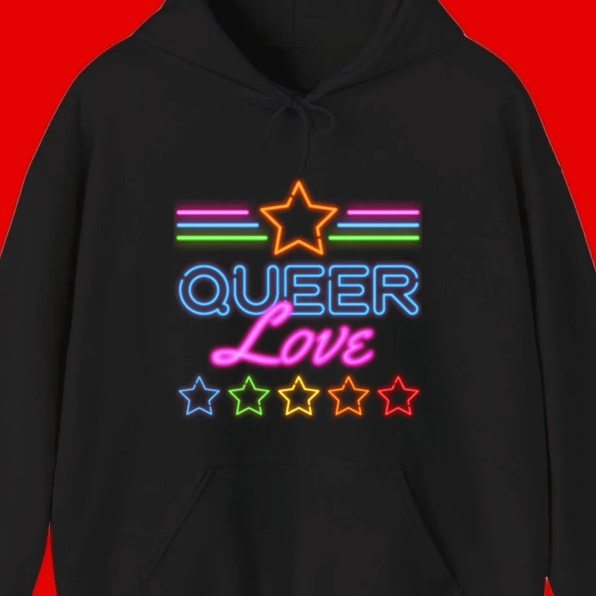 Neon queer love pride design with blue outlined text, magenta cursive script, orange and rainbow stars on gray background