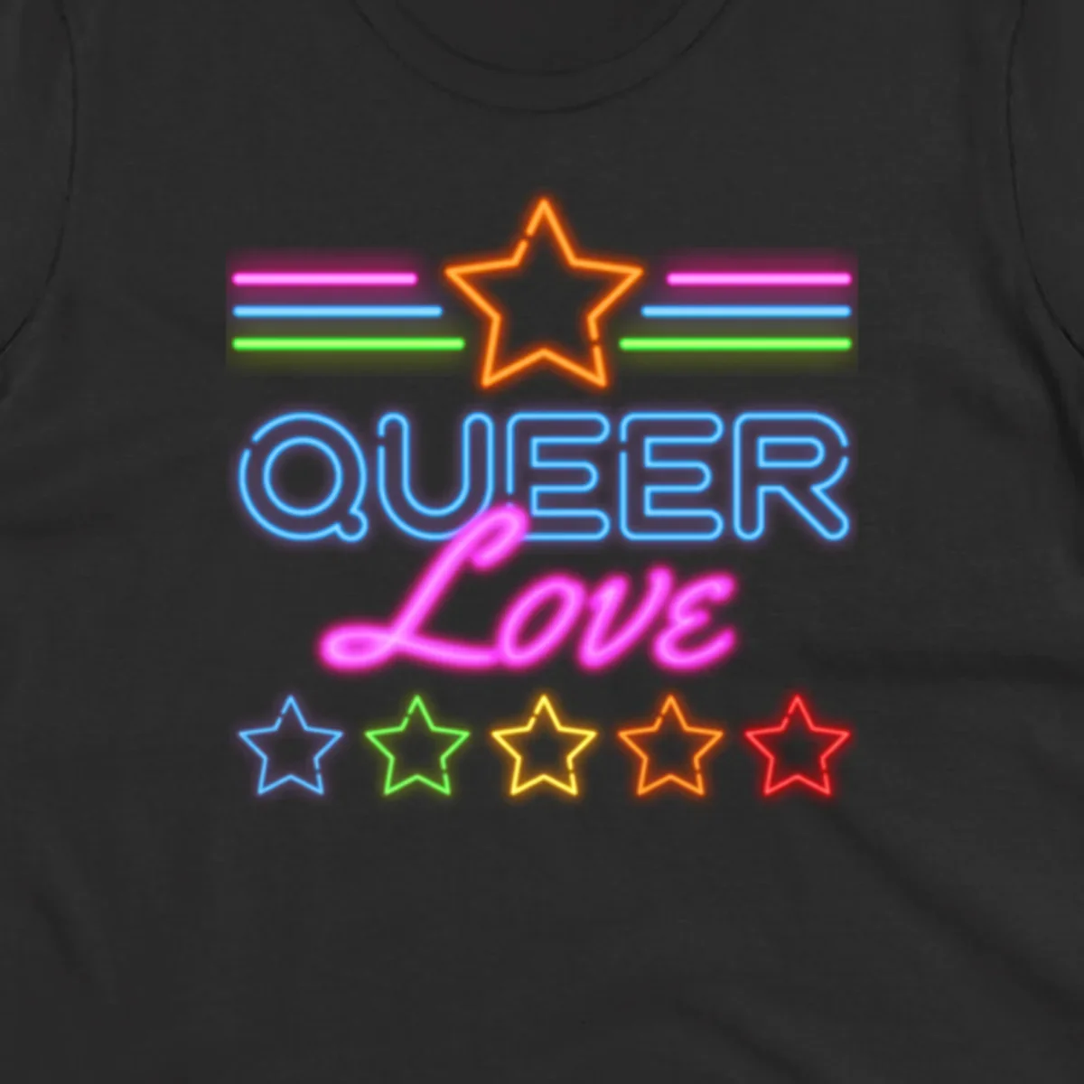 Neon queer love pride design with blue outlined text, magenta cursive script, orange and rainbow stars on gray background