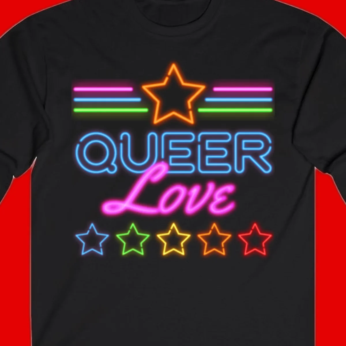 Neon queer love pride design with blue outlined text, magenta cursive script, orange and rainbow stars on gray background