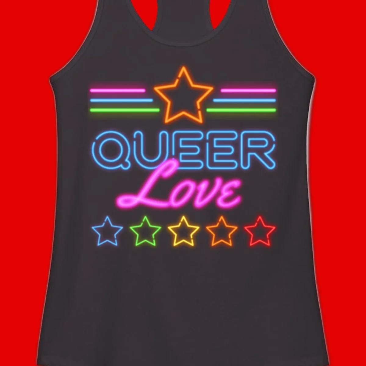 Neon queer love pride design with blue outlined text, magenta cursive script, orange and rainbow stars on gray background