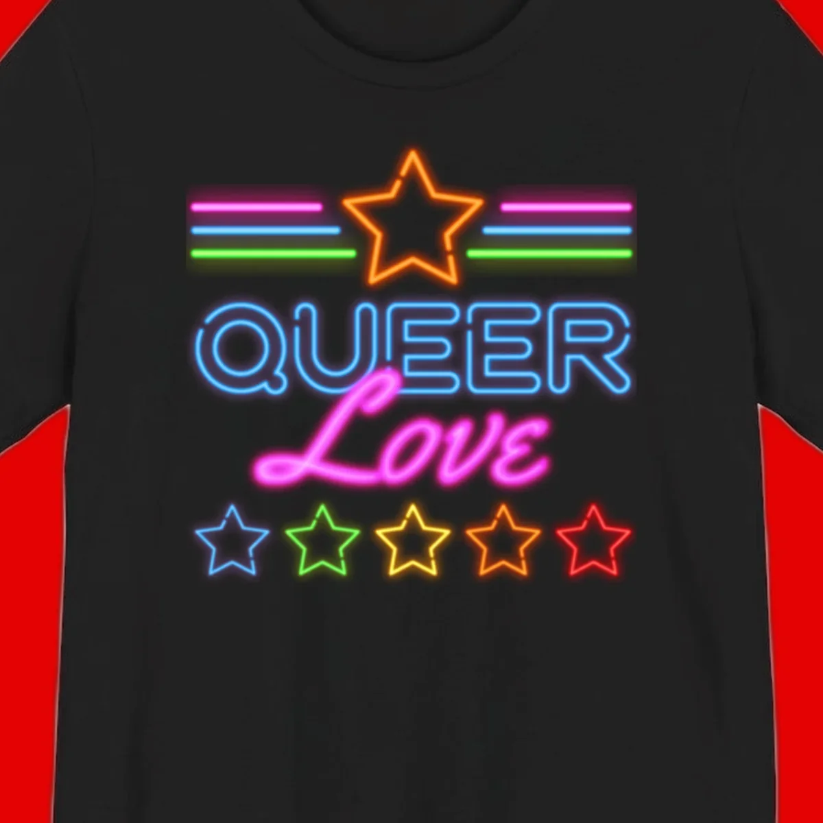 Neon queer love pride design with blue outlined text, magenta cursive script, orange and rainbow stars on gray background