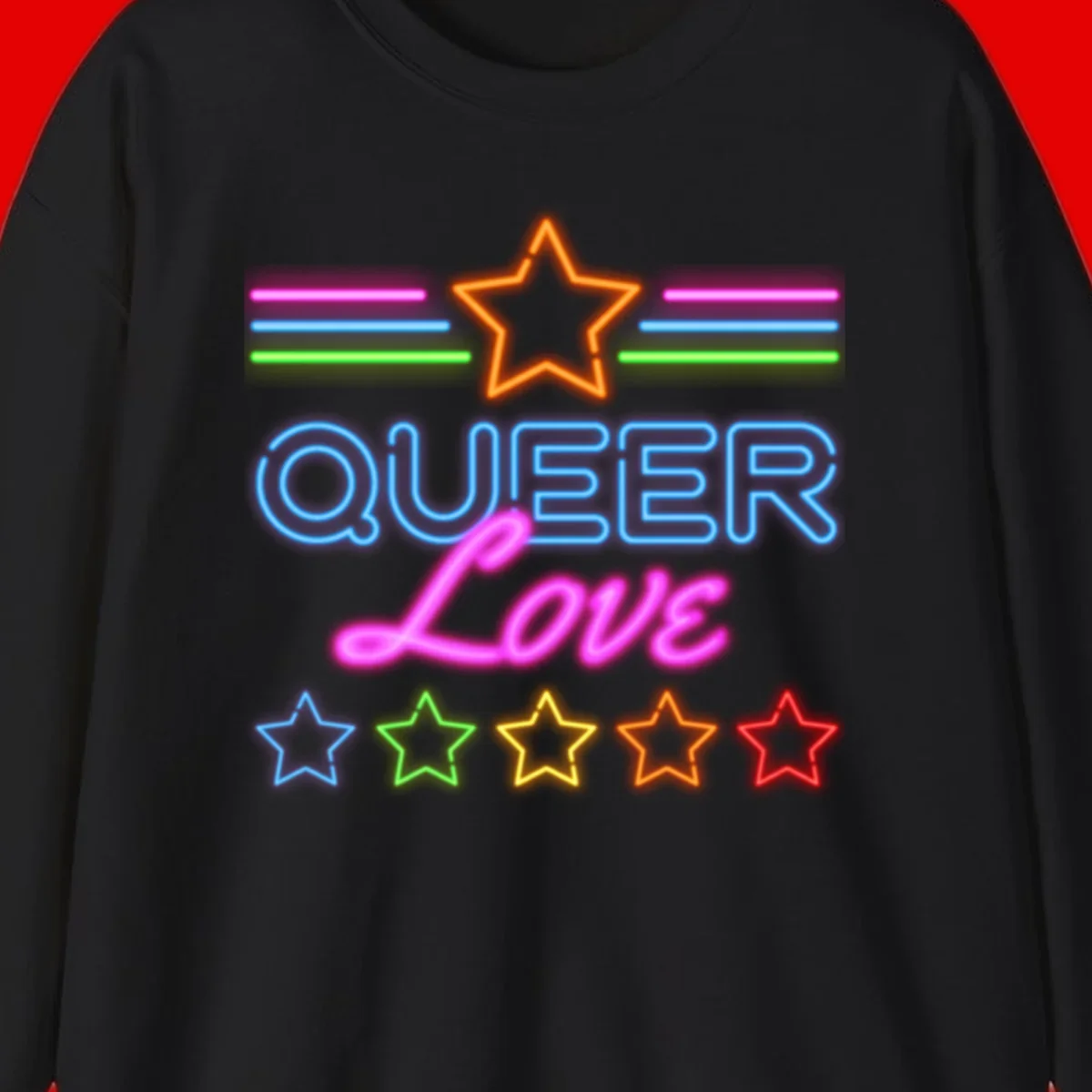 Neon queer love pride design with blue outlined text, magenta cursive script, orange and rainbow stars on gray background