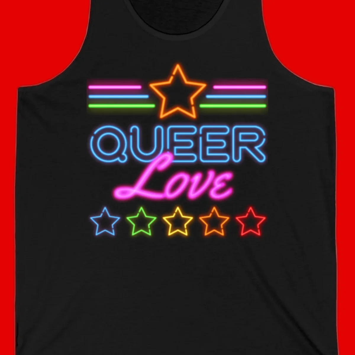 Neon queer love pride design with blue outlined text, magenta cursive script, orange and rainbow stars on gray background