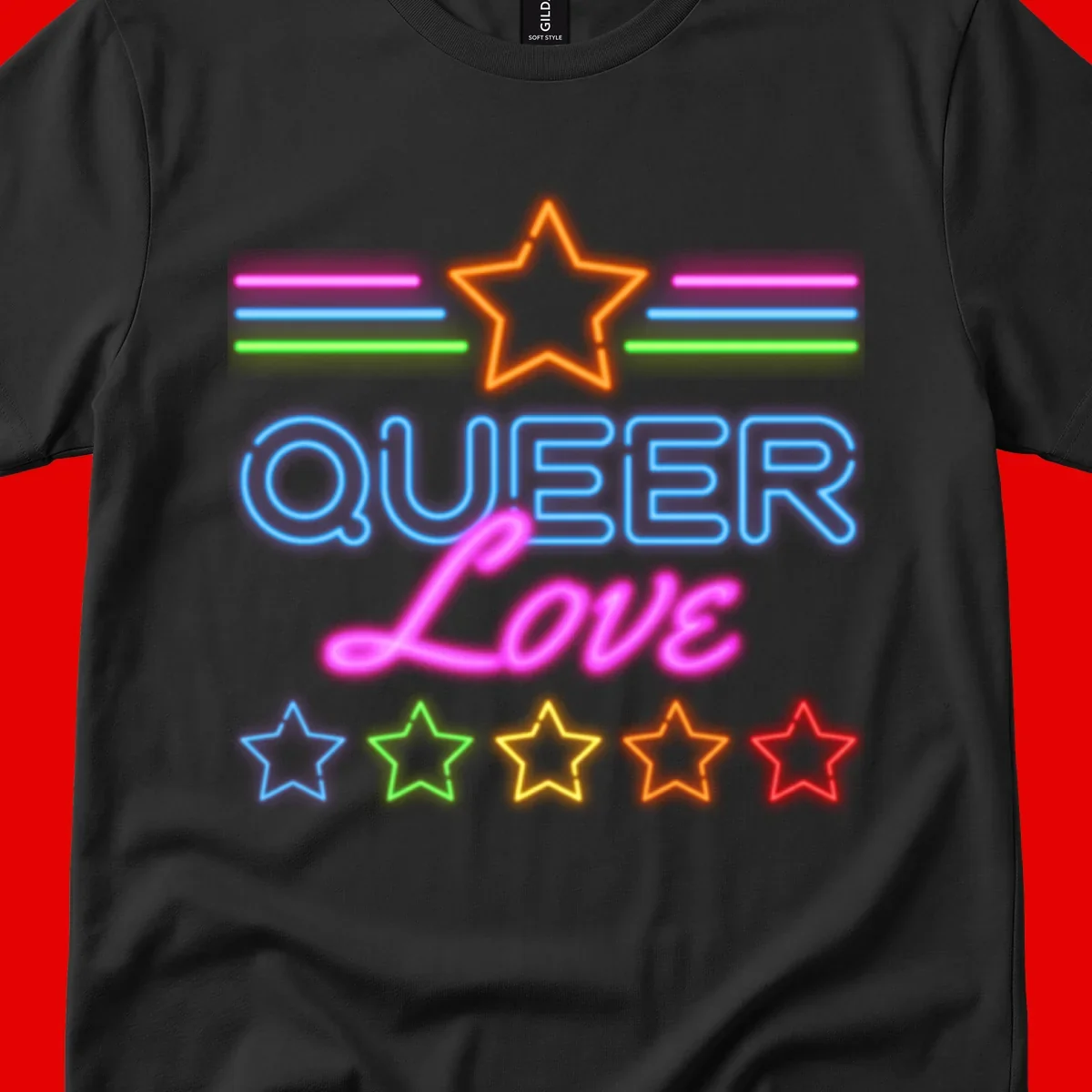 Neon queer love pride design with blue outlined text, magenta cursive script, orange and rainbow stars on gray background