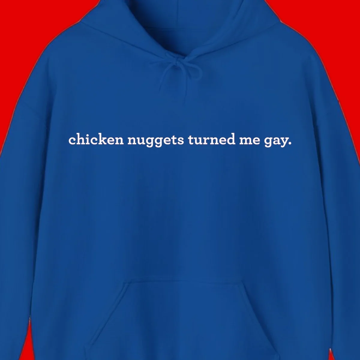 White text reading 'chicken nuggets turned me gay' on gray background - humorous pride design