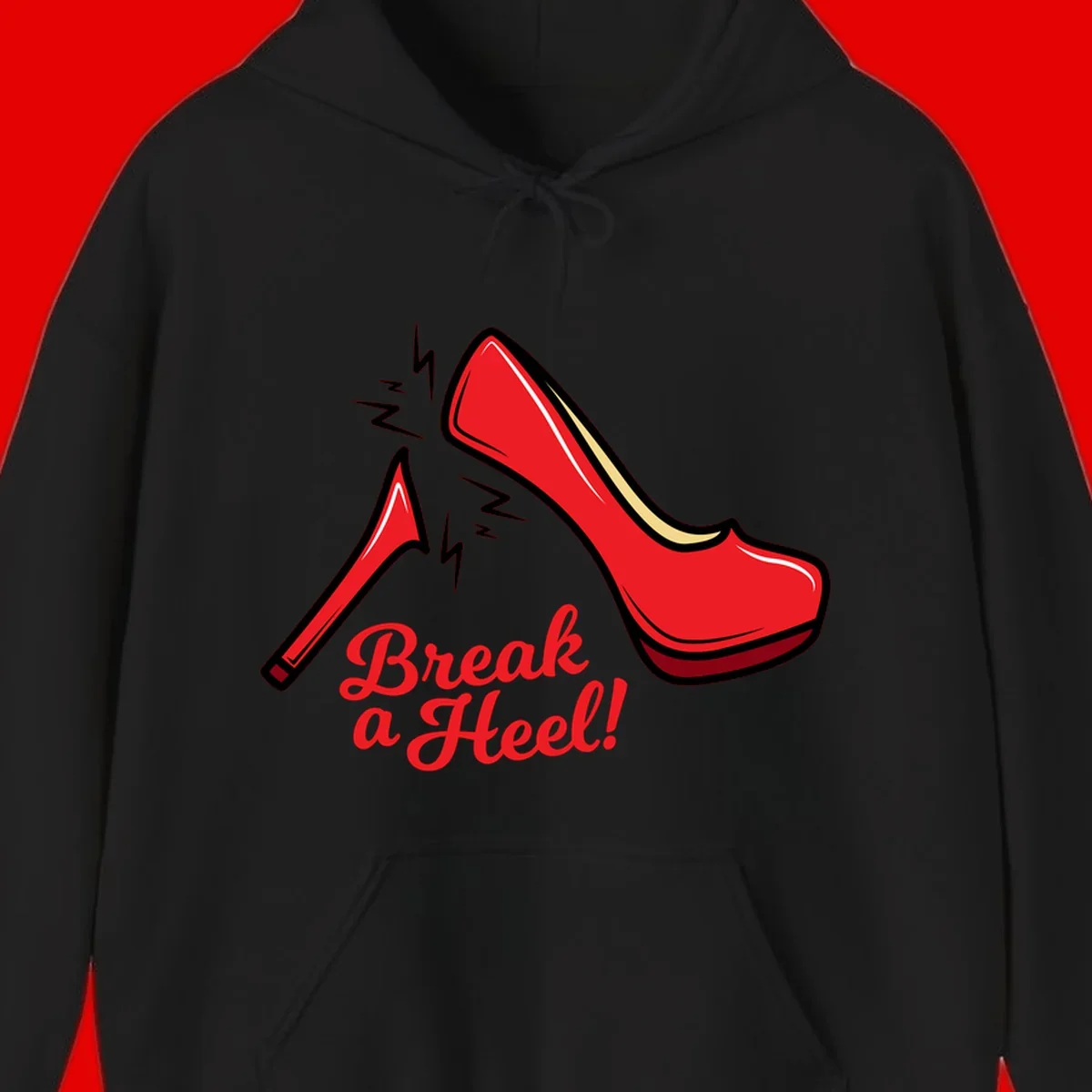 Illustration of red high heel shoes with lightning bolts and 'Break a Heel!' text - break-a-heel-fashion design