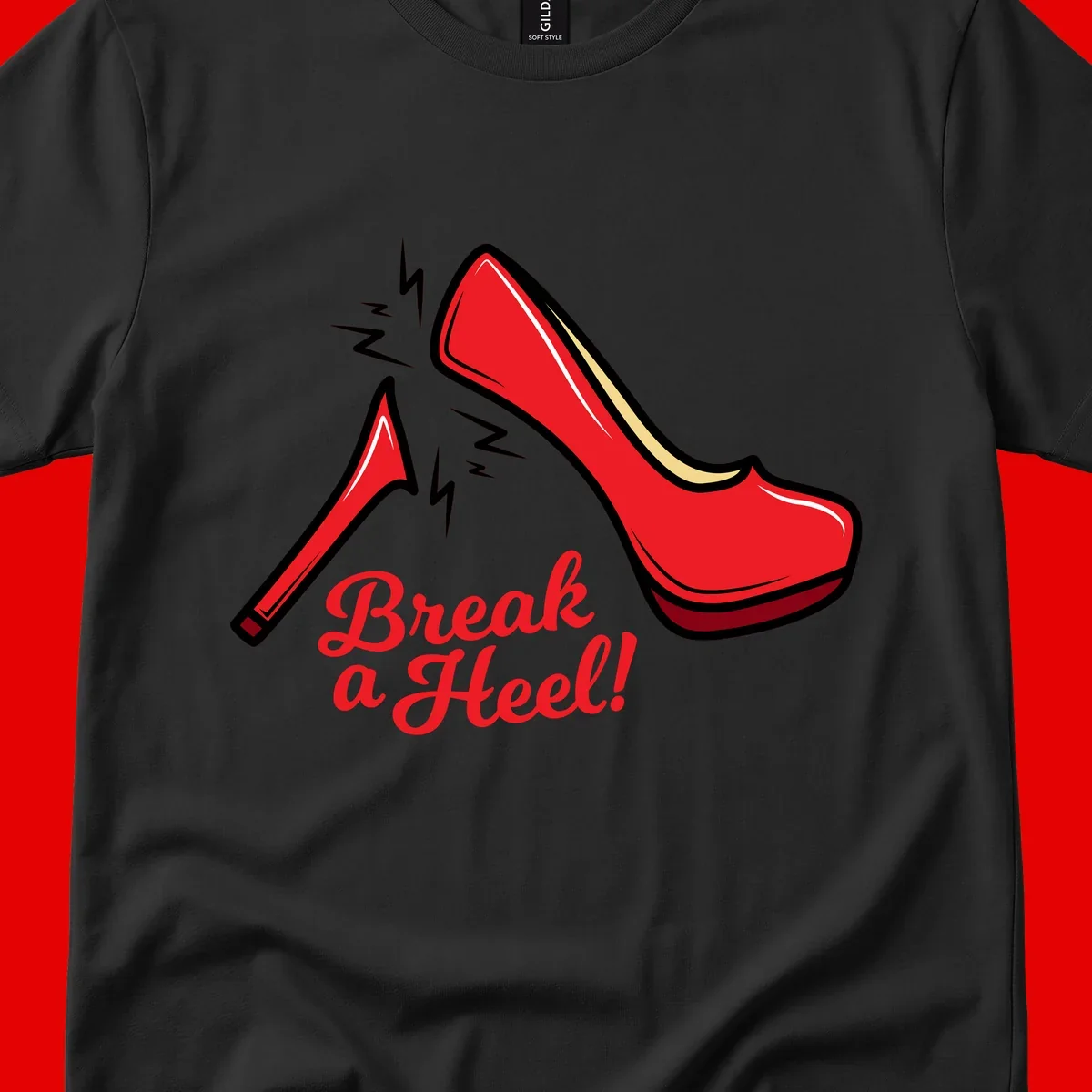 Illustration of red high heel shoes with lightning bolts and 'Break a Heel!' text - break-a-heel-fashion design