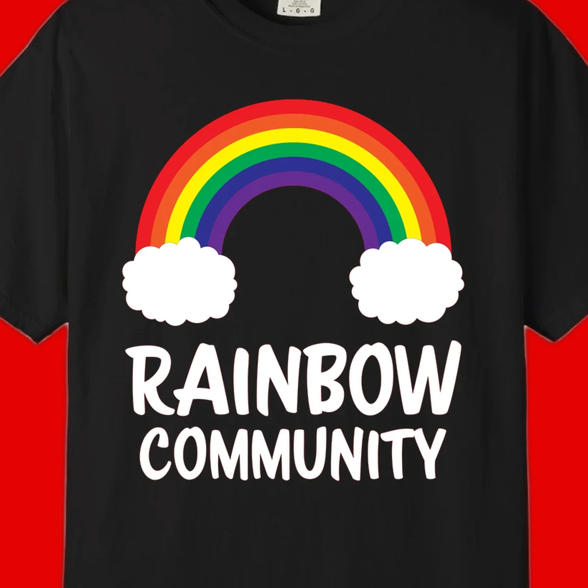 Rainbow arcing between two white clouds with 'RAINBOW COMMUNITY' text below, representing pride and inclusivity