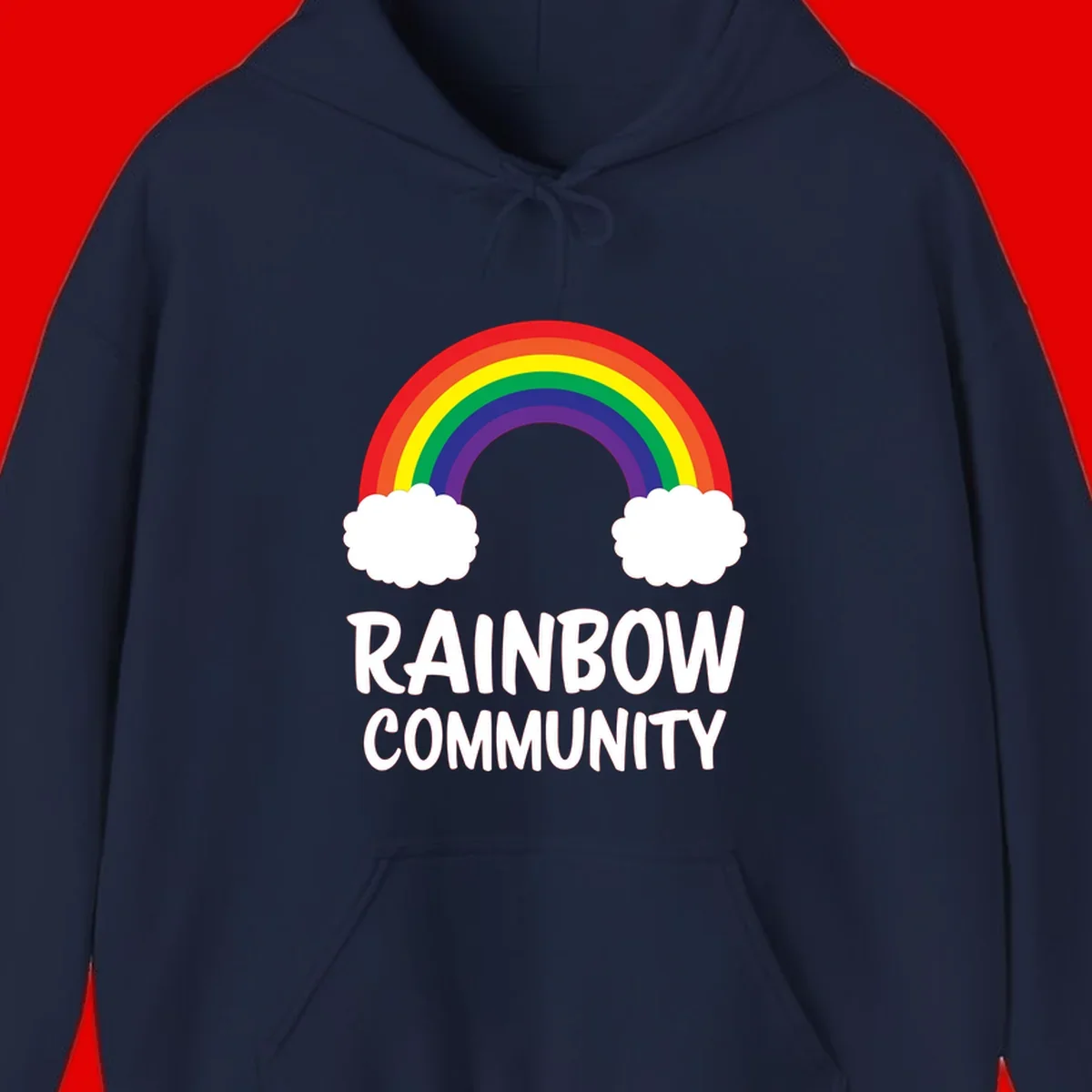 Rainbow arcing between two white clouds with 'RAINBOW COMMUNITY' text below, representing pride and inclusivity