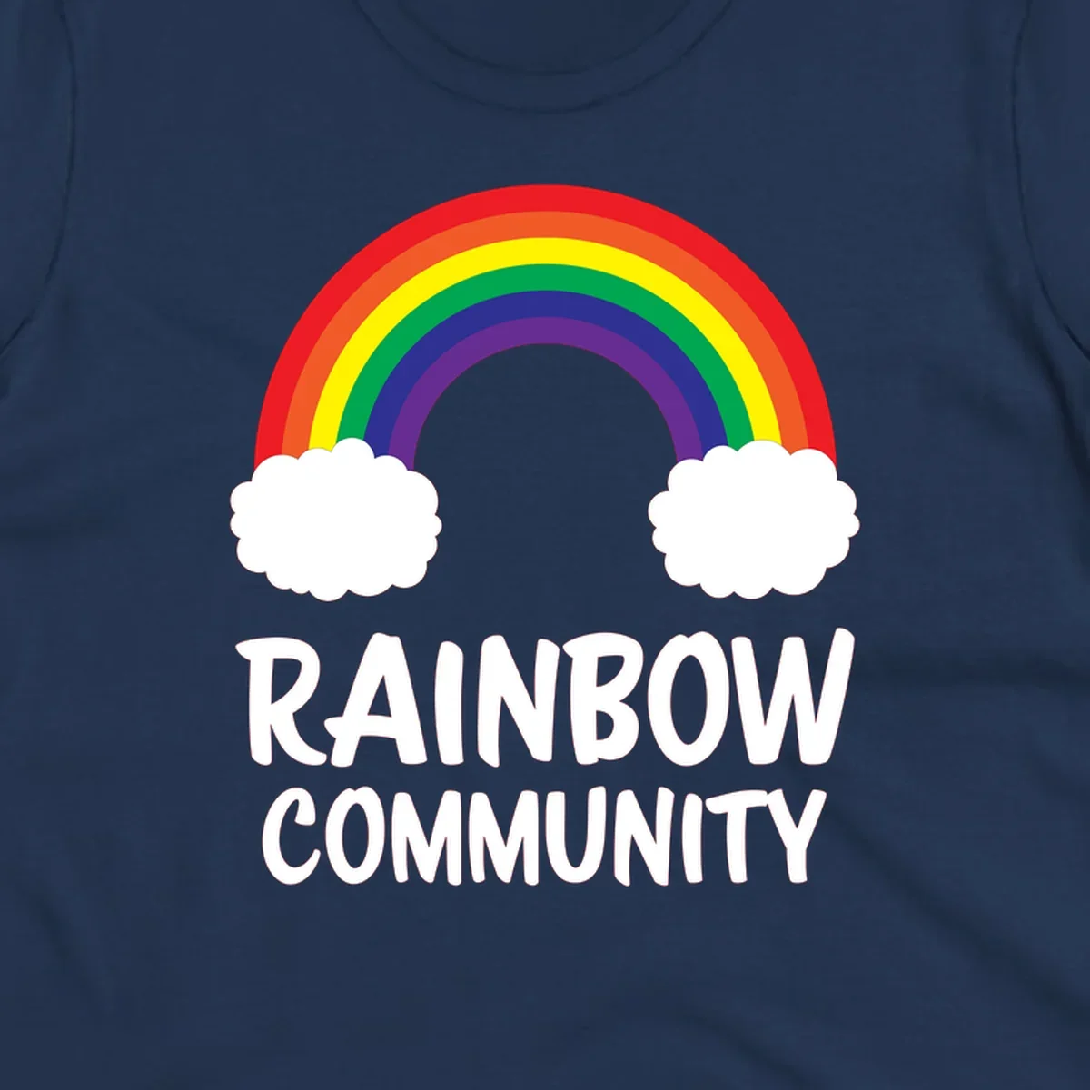 Rainbow arcing between two white clouds with 'RAINBOW COMMUNITY' text below, representing pride and inclusivity