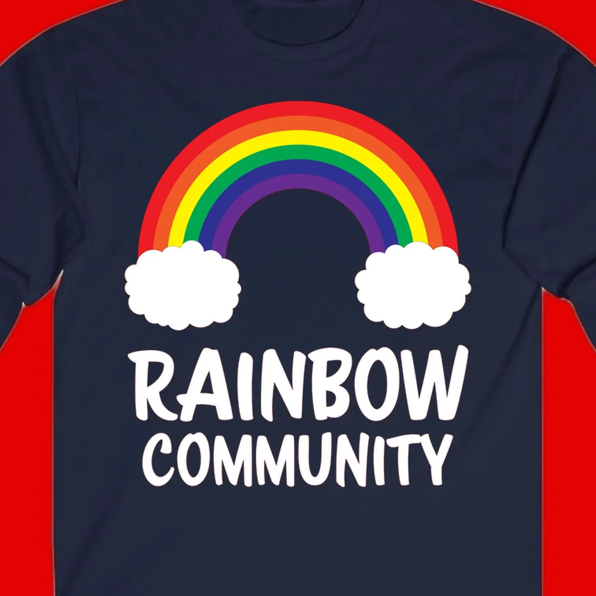 Rainbow arcing between two white clouds with 'RAINBOW COMMUNITY' text below, representing pride and inclusivity